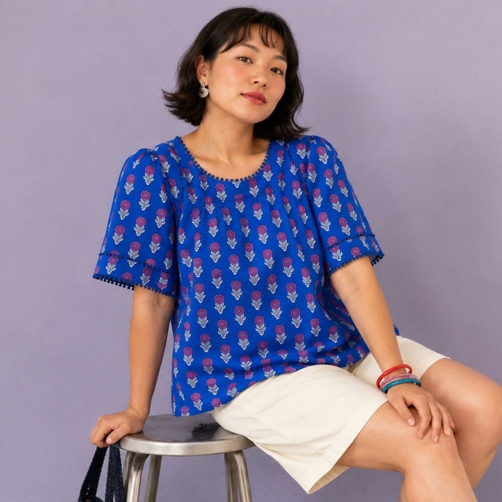 Boden Mila Trim Detail Top XL Blue Floral Cotton Pom Flutter Sleeve